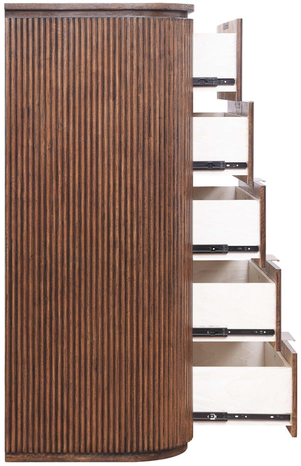 Meridian Furniture Astrid Fluted Oak Veneer Chest with Vertical Groove Panels for Modern Bedroom Storage Brown 818Brown-CH