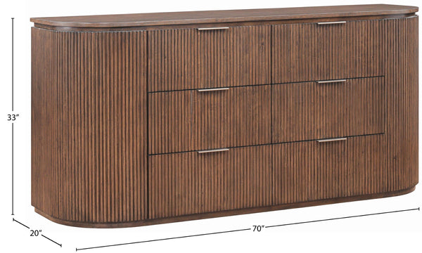 Meridian Furniture Astrid Fluted Oak Veneer Six Drawer Dresser with Sculptural Fronts for Modern Bedroom Storage Brown 818Brown-D