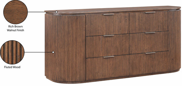 Meridian Furniture Astrid Fluted Oak Veneer Six Drawer Dresser with Sculptural Fronts for Modern Bedroom Storage Brown 818Brown-D