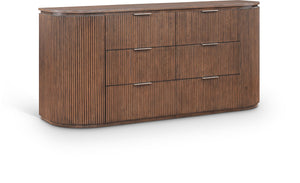 Meridian Furniture Astrid Fluted Oak Veneer Six Drawer Dresser with Sculptural Fronts for Modern Bedroom Storage Brown 818Brown-D