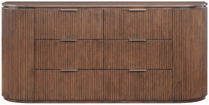 Meridian Furniture Astrid Fluted Oak Veneer Six Drawer Dresser with Sculptural Fronts for Modern Bedroom Storage Brown 818Brown-D