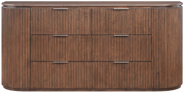 Meridian Furniture Astrid Fluted Oak Veneer Six Drawer Dresser with Sculptural Fronts for Modern Bedroom Storage Brown 818Brown-D