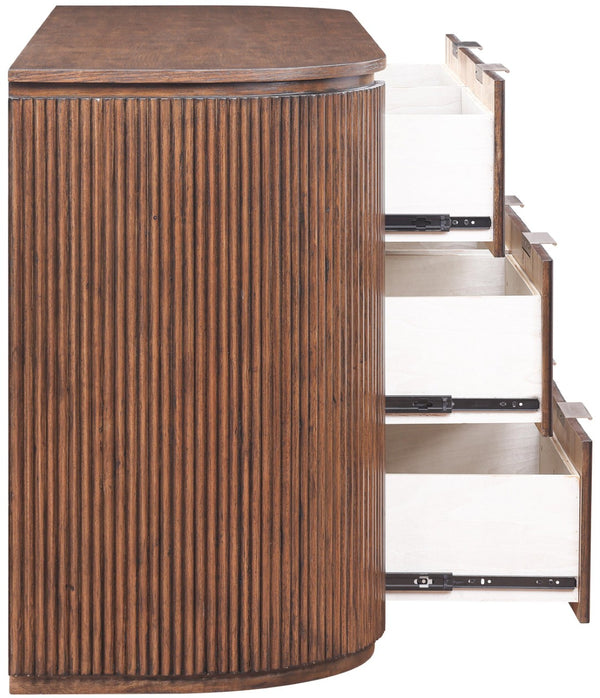 Meridian Furniture Astrid Fluted Oak Veneer Six Drawer Dresser with Sculptural Fronts for Modern Bedroom Storage Brown 818Brown-D