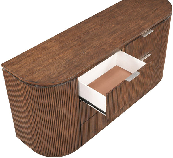 Meridian Furniture Astrid Fluted Oak Veneer Six Drawer Dresser with Sculptural Fronts for Modern Bedroom Storage Brown 818Brown-D