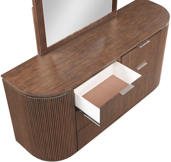 Meridian Furniture Astrid Fluted Oak Veneer Six Drawer Dresser with Sculptural Fronts for Modern Bedroom Storage Brown 818Brown-D
