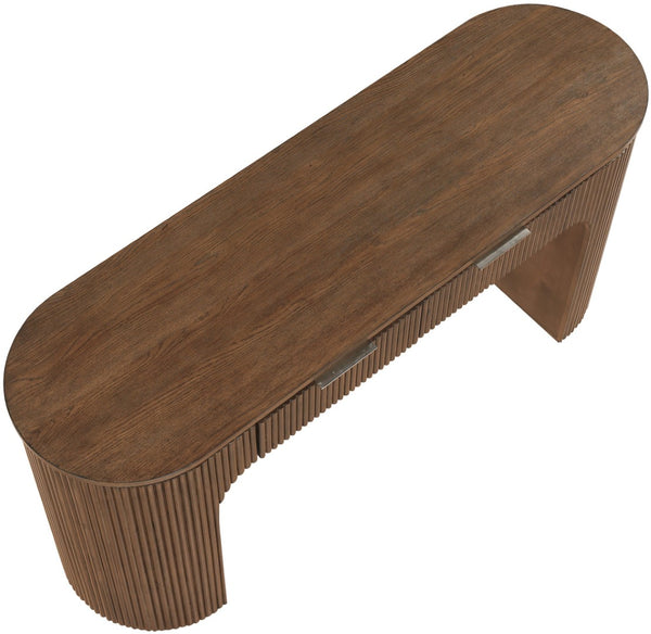 Meridian Furniture Astrid Fluted Oak Veneer Writing Desk with Built in Drawer for Modern Home Office Use Brown 818Brown-Desk