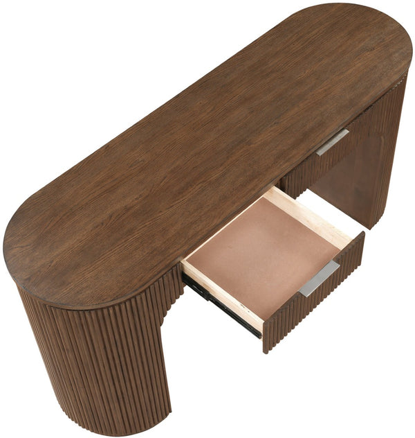 Meridian Furniture Astrid Fluted Oak Veneer Writing Desk with Built in Drawer for Modern Home Office Use Brown 818Brown-Desk
