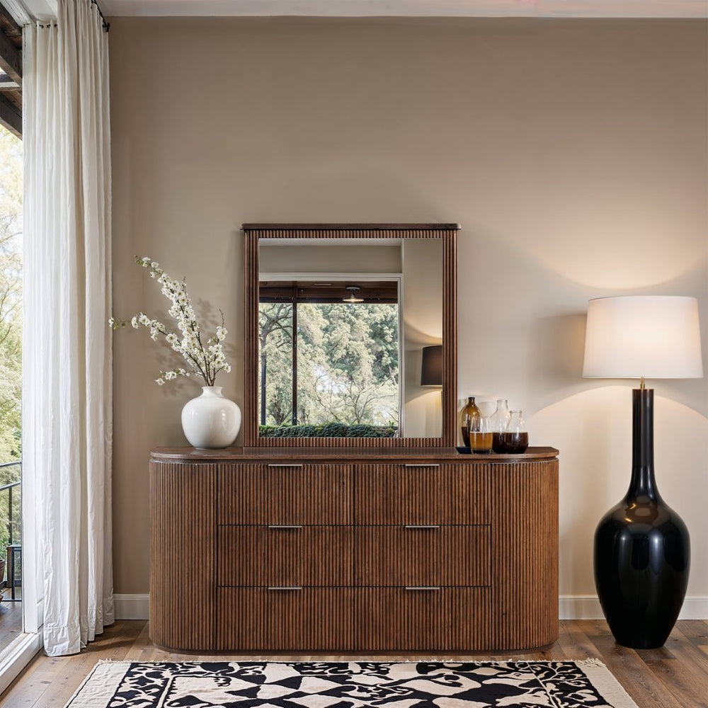 Meridian Furniture Astrid Fluted Wood Frame Wall Mirror for Stylish Contemporary and Modern Home Interiors Brown 818Brown-M