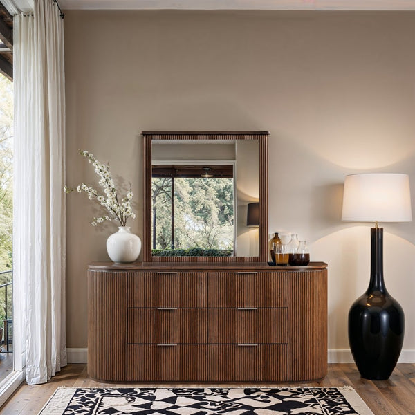 Meridian Furniture Astrid Fluted Wood Frame Wall Mirror for Stylish Contemporary and Modern Home Interiors Brown 818Brown-M