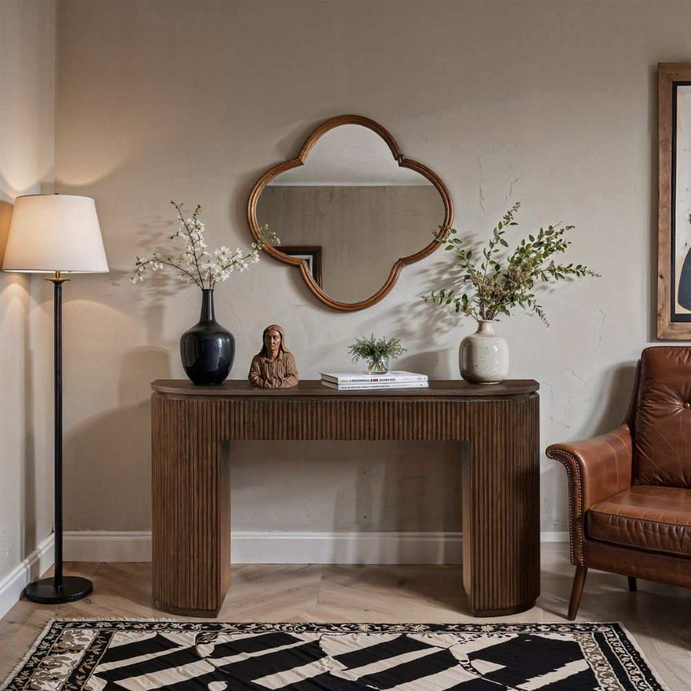 Meridian Furniture Astrid Fluted Oak Veneer Console Table with Sculptural Grooves for Modern Entryways and Hallways Brown 818Brown-T