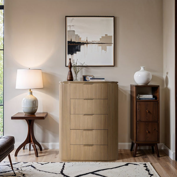 Meridian Furniture Astrid Fluted Oak Veneer Chest with Vertical Groove Panels for Modern Bedroom Storage Natural 818Oak-CH