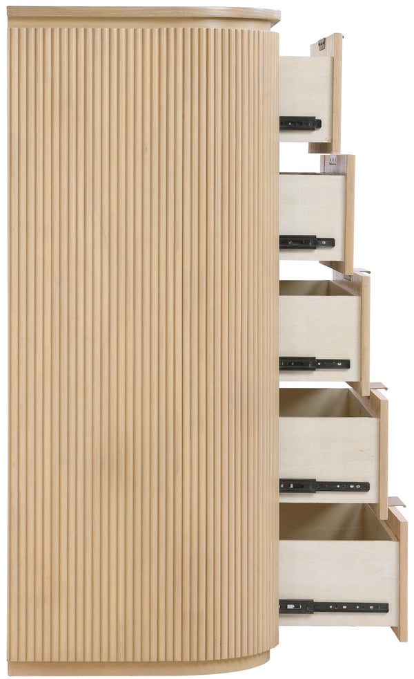 Meridian Furniture Astrid Fluted Oak Veneer Chest with Vertical Groove Panels for Modern Bedroom Storage Natural 818Oak-CH