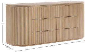 Meridian Furniture Astrid Fluted Oak Veneer Six Drawer Dresser with Sculptural Fronts for Modern Bedroom Storage Natural 818Oak-D