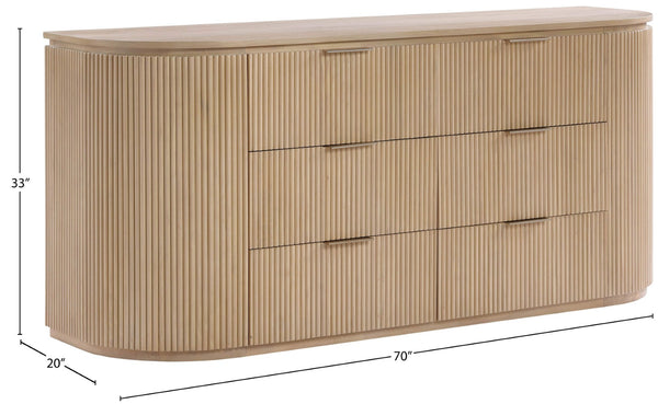 Meridian Furniture Astrid Fluted Oak Veneer Six Drawer Dresser with Sculptural Fronts for Modern Bedroom Storage Natural 818Oak-D