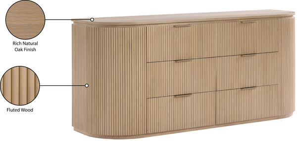 Meridian Furniture Astrid Fluted Oak Veneer Six Drawer Dresser with Sculptural Fronts for Modern Bedroom Storage Natural 818Oak-D