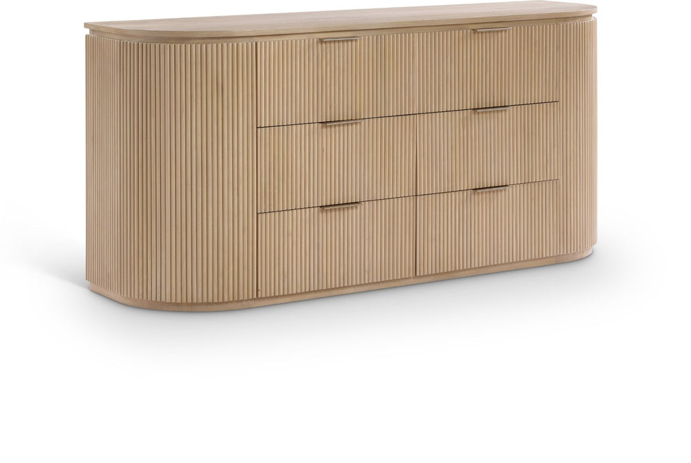 Meridian Furniture Astrid Fluted Oak Veneer Six Drawer Dresser with Sculptural Fronts for Modern Bedroom Storage Natural 818Oak-D