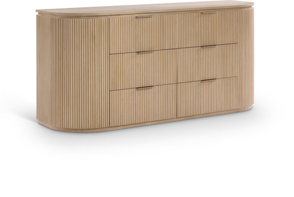 Meridian Furniture Astrid Fluted Oak Veneer Six Drawer Dresser with Sculptural Fronts for Modern Bedroom Storage Natural 818Oak-D