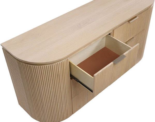 Meridian Furniture Astrid Fluted Oak Veneer Six Drawer Dresser with Sculptural Fronts for Modern Bedroom Storage Natural 818Oak-D