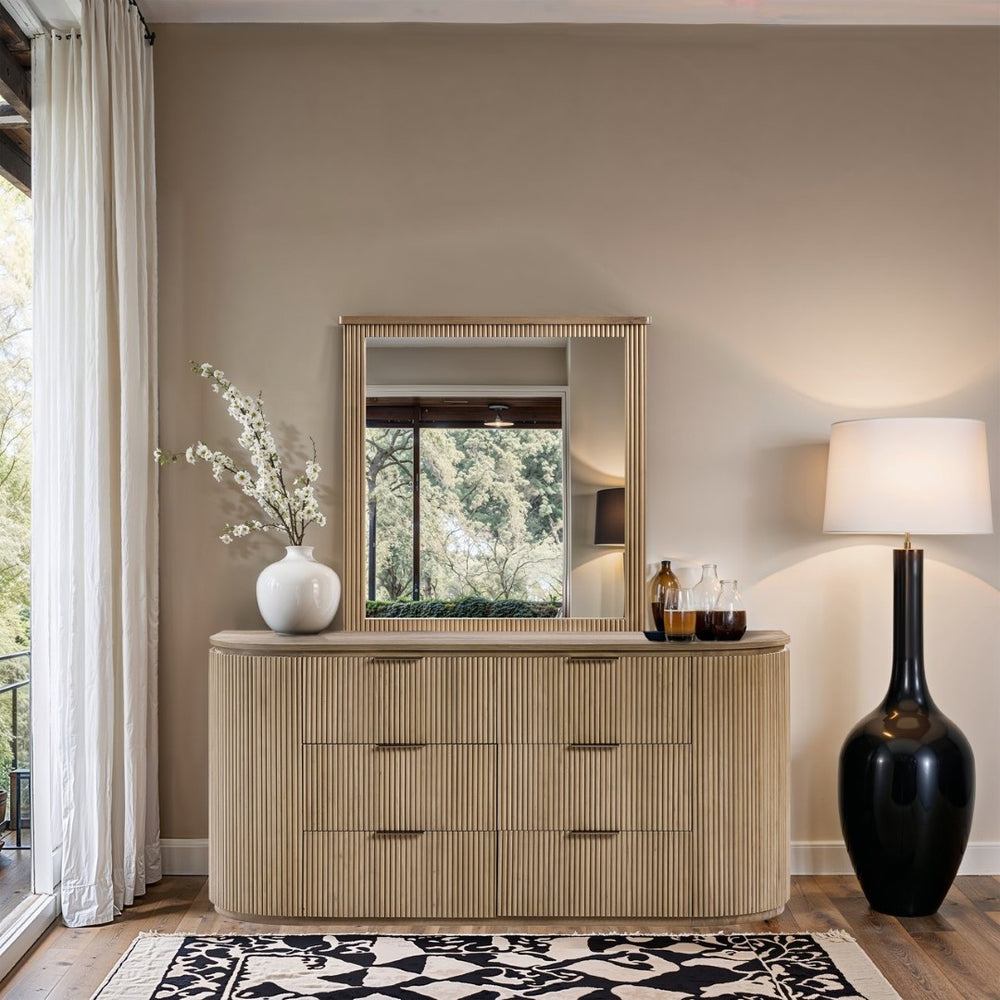 Meridian Furniture Astrid Fluted Oak Veneer Six Drawer Dresser with Sculptural Fronts for Modern Bedroom Storage Natural 818Oak-D