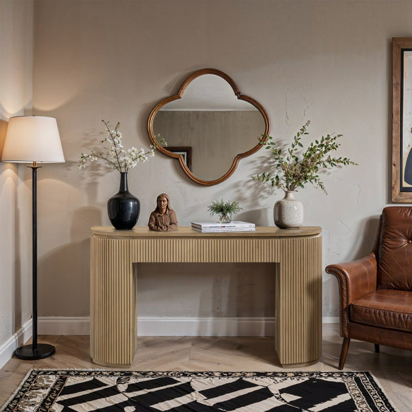 Meridian Furniture Astrid Fluted Oak Veneer Console Table with Sculptural Grooves for Modern Entryways and Hallways Natural 818Oak-T
