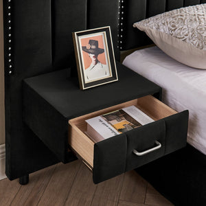English Elm Queen Velvet Platform Bed with Tufted Headboard Integrated Nightstands and Striped Design Black W487S00441