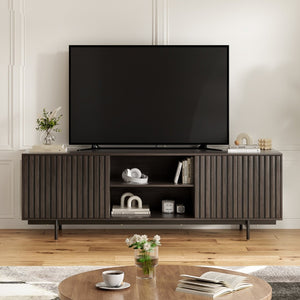 English Elm Modern Low Profile Media Console with Open Shelving and Concealed Cabinet Storage Natural Walnut T3623P434859