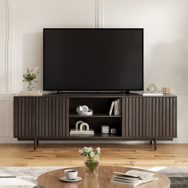 English Elm Modern Low Profile Media Console with Open Shelving and Concealed Cabinet Storage Natural Walnut T3623P434859