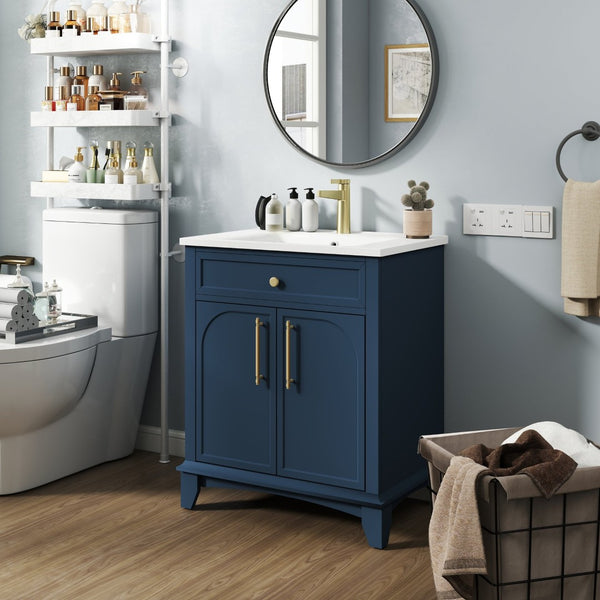 English Elm 27.8" Mid-century Freestanding Bathroom Vanity with Ceramic Sink Drawer and Wood Base Blue W1801S00005