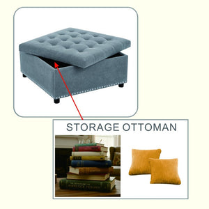 English Elm Storage Ottoman Tufted Nailhead Trim Lift Top Footstool for Living Room or Bedroom Light Gray W5568P447080