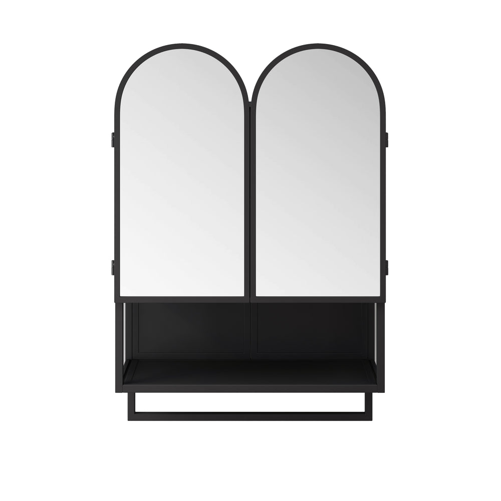 English Elm 23.62" Modern Double-Arched Mirror Cabinet with Tempered Glass, Metal Frame, Shelf & Towel Rack Storage Black W757P314586