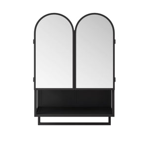 English Elm 23.62" Modern Double-Arched Mirror Cabinet with Tempered Glass, Metal Frame, Shelf & Towel Rack Storage Black W757P314586