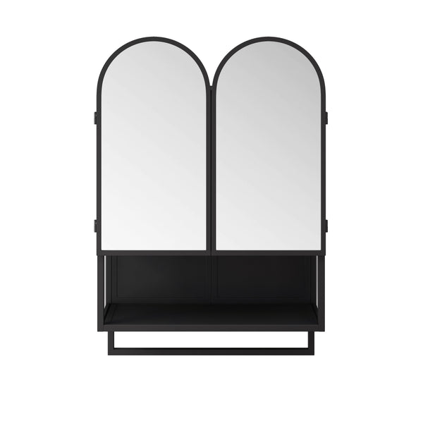 English Elm 23.62" Modern Double-Arched Mirror Cabinet with Tempered Glass, Metal Frame, Shelf & Towel Rack Storage Black W757P314586