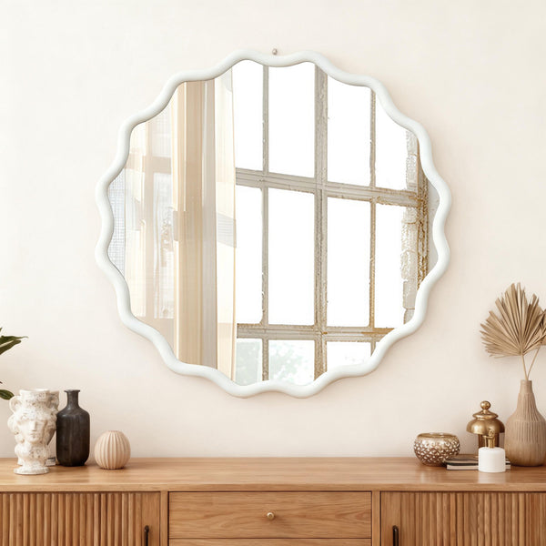 English Elm White 30 Inch Wavy Round Solid Wood Frame Mirror - Boho Elegant Tempered Glass Vanity Decor W2203P389084