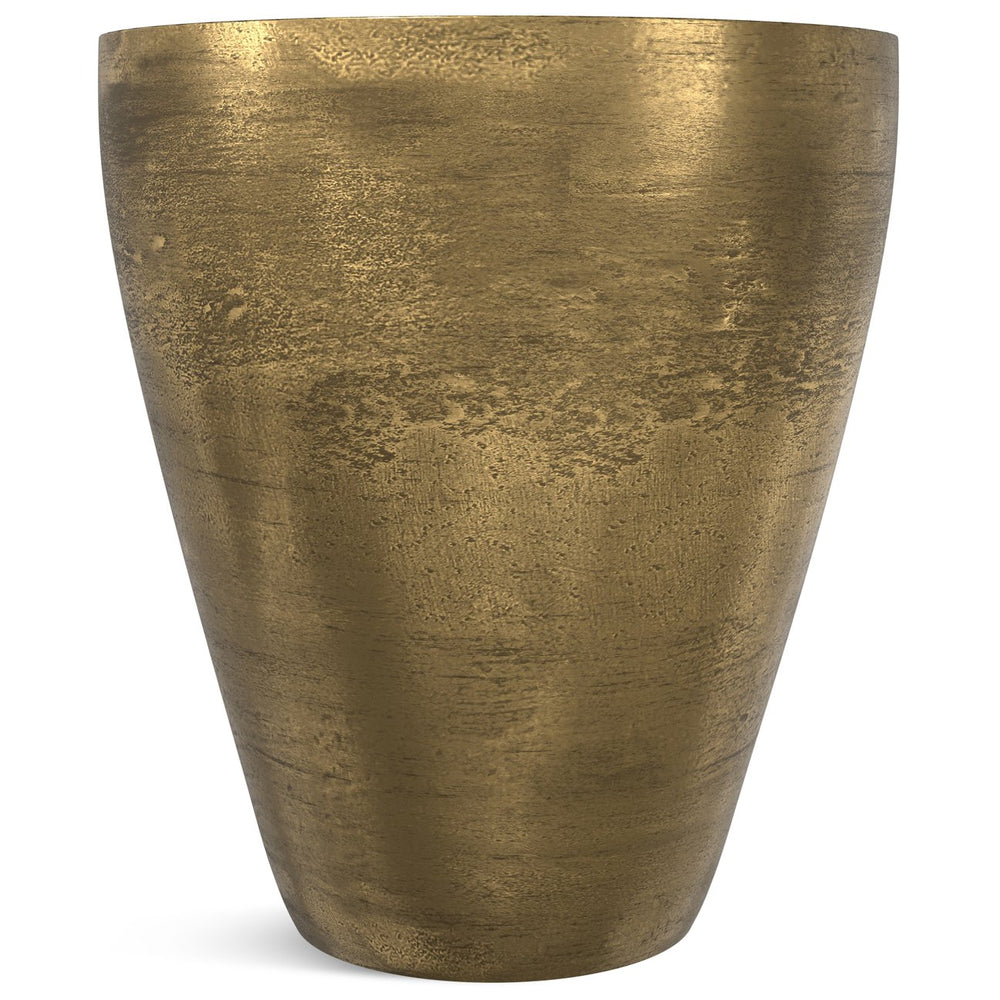 English Elm Cavan Cast Aluminum Side Table in Antique Brass — Handcrafted Asymmetrical Drum Accent Table, 21.75" B136P239036