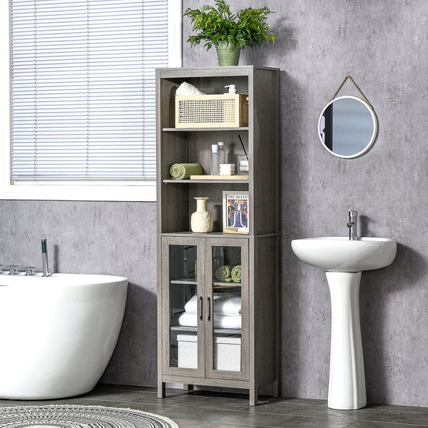 English Elm Kleankin Tall Bathroom Storage Cabinet With Glass Doors, 3 Tier Shelving, Modern Grey Wood Finish W2225P229530