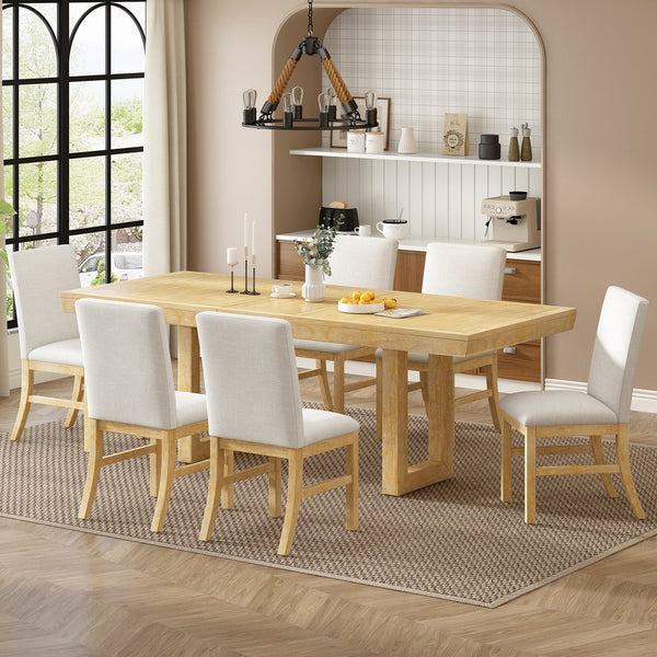 English Elm TOPMAX 7-Piece Extendable Dining Set with 12" Self-Hidden Butterfly Leaf and Upholstered Chairs, Distressed White Wire-Brushed Finish Natural SP000059AAA