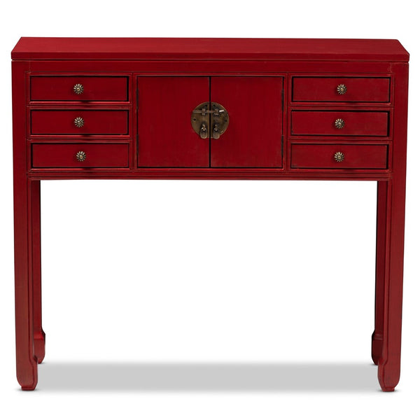 Baxton Studio Baxton Studio Melodie Antique Red Wood Console Table with Bronze Accents & 6-Drawer Storage Solution MIN22-Red-ST