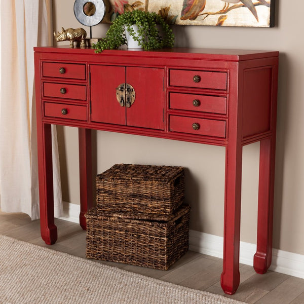 Baxton Studio Baxton Studio Melodie Antique Red Wood Console Table with Bronze Accents & 6-Drawer Storage Solution MIN22-Red-ST
