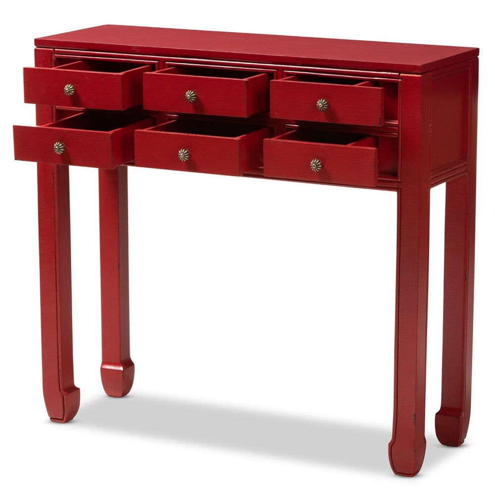 Baxton Studio Baxton Studio Antique Red Wood Console Table with Bronze Accents - 6-Drawer Elegance & Storage MIN18-Red-ST