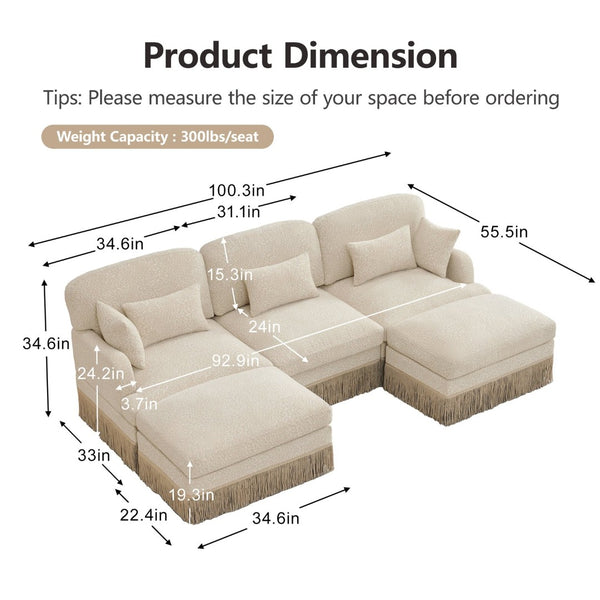 English Elm 100"comfy Chenille Leopard Print U-shaped Sectional with Tassel Trim and Modular Ottomans Beige W5656S00006
