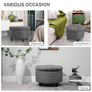 English Elm HOMCOM Round Linen-Touch Storage Ottoman with Button Tufting, Removable Lid, Wooden Legs, Grey W2225P217747