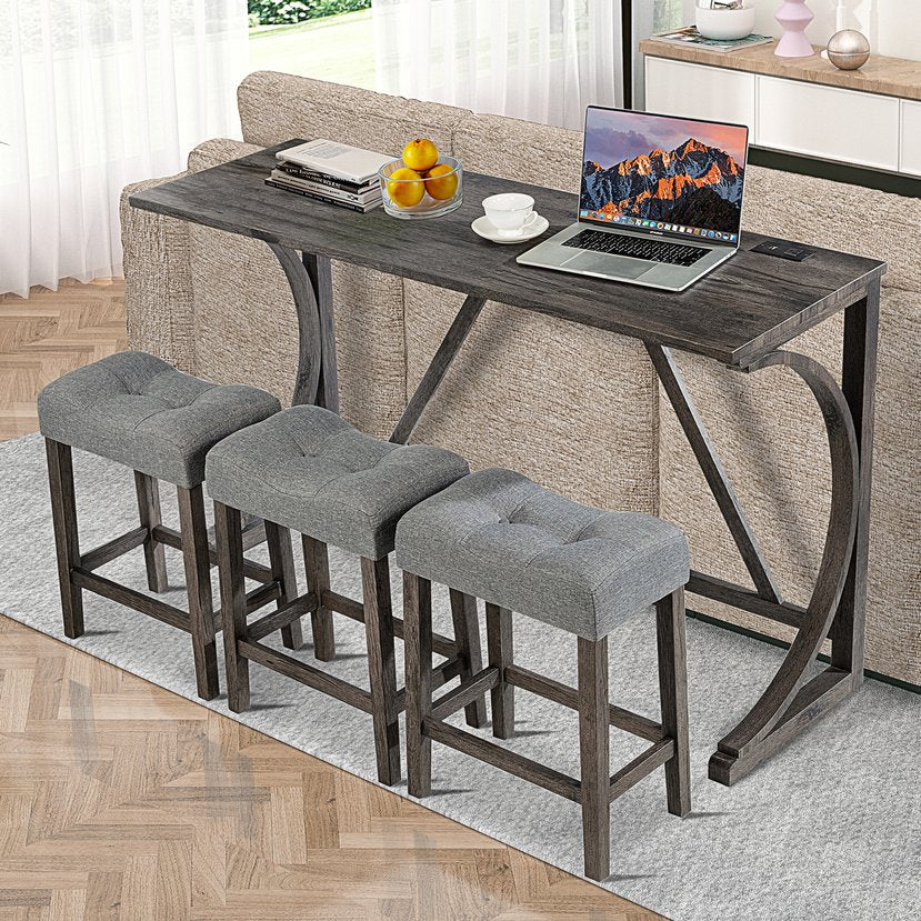 English Elm 4-Piece Bar Table Set With Power Outlet – Stylish Dining & Game Room Solution With 3 Padded Stools W1998P193825