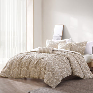 English Elm Rhapsody 6 Piece Queen Comforter Cover Set In Elegant Tan - 100% Cotton, Soft & Stylish Bedding B340P341967-GIGA
