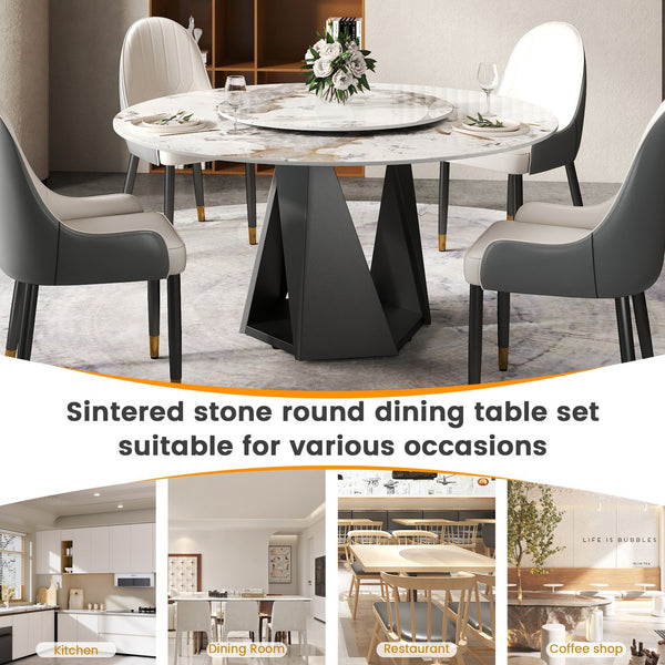 English Elm 59.05" Round Marble Dining Table With Lazy Susan, Black Iron Base For 6-8 People, Elegant Design W1535S00468