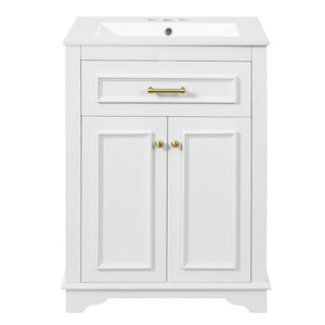English Elm 24" Matte Single Sink Vanity Solid Poplar Frame Gold Hardware Soft Close Cabinet White N710P389449K