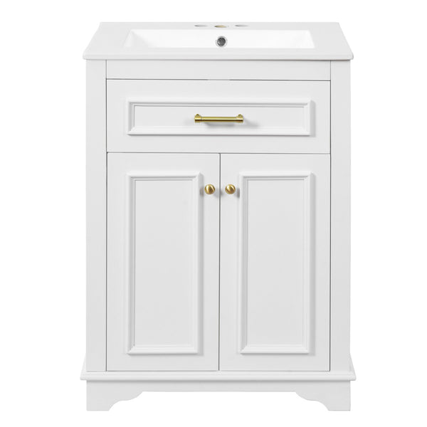 English Elm 24" Matte Single Sink Vanity Solid Poplar Frame Gold Hardware Soft Close Cabinet White N710P389449K