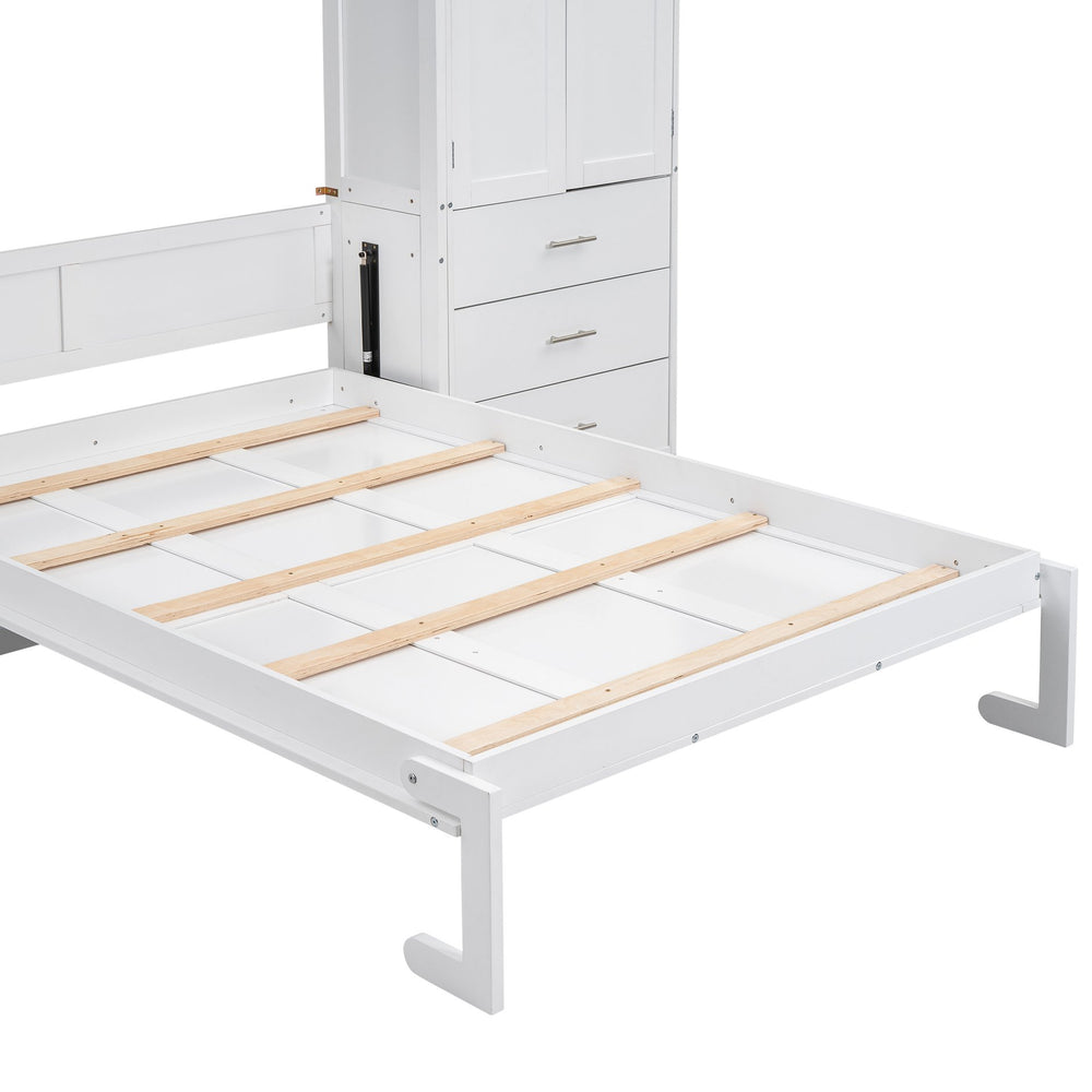 English Elm Full Full Size Murphy Bed with Lockers & Wardrobes in White — Space-Saving Foldaway Cabinet, Shelves, Drawers, Installation Video Included GX000392AAK