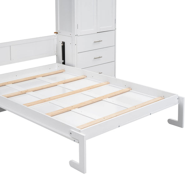 English Elm Full Full Size Murphy Bed with Lockers & Wardrobes in White — Space-Saving Foldaway Cabinet, Shelves, Drawers, Installation Video Included GX000392AAK