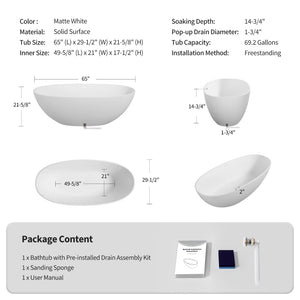 English Elm 65" Stone Resin Freestanding Soaking Tub Matte Sculptural Spa Bath Luxury W1920P410094