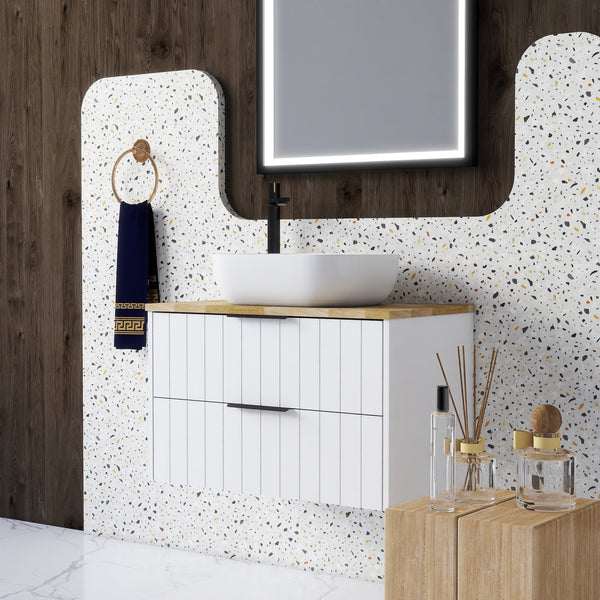 English Elm 32-Inch Wall-Mounted Bathroom Vanity: Modern White Cabinet, Solid Wood Top, Double Drawer Storage W3151S00012